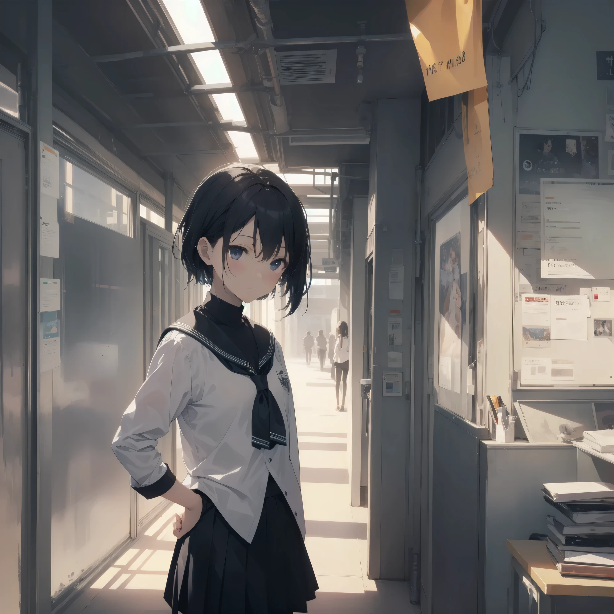 ultra-absurdres-Top quality by artist God, ultra-detailed, high resolution, anime moe artstyle, best anime 8k konachan wallpaper, pixiv contest winner, pool:2810, perfect anatomy,break, 1girl, (Please draw a girl walking sleepily to school alone. )break,(Solo,little female, 13-year-old:1.3),Full limbs, complete fingers,a junior high school student, (very short hair), short cut, flat chest, , small butt, small black eyes, beautiful detailed eyes, well-proportioned iris and pupils, expressive eyes, highres detailed hair, soft expression, salor school_uniform, sailor collar, serahuku, bow, pleated skirt,(Detailed Lighting), (Detailed background), in the School commute route. break,super detailed skin, Best cinematic lighting powered by famous artist, 8k,beauty illustration,photoshop_(medium),very aesthetic,break,((artist:kotorai )), artist:clamp ,artist:carnelian ,artist:kantoku ,