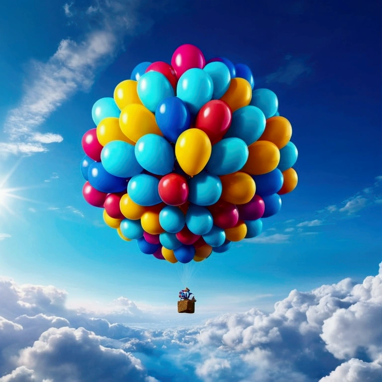 (masterpiece, best quality, ultra-detailed, extremely detailed CG unity 8k wallpaper),A balloon with many balloons is flying in the blue sky,blue-sky,Lots of clouds,Colorful balloons,colourfull