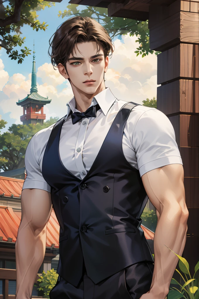 (absurdres, highres, ultra detailed), (1 male, solo, adult, mature, aged up, tall muscular guy, broad shoulders, handsome), wavy brown hair, green eyes, (angular jaw, thick neck, thick eyebrows), BREAK, forest, fantasy, Uniform, extremely detailed face, upper body, Korean boy, Koop, half nude, sexy pose, muscle