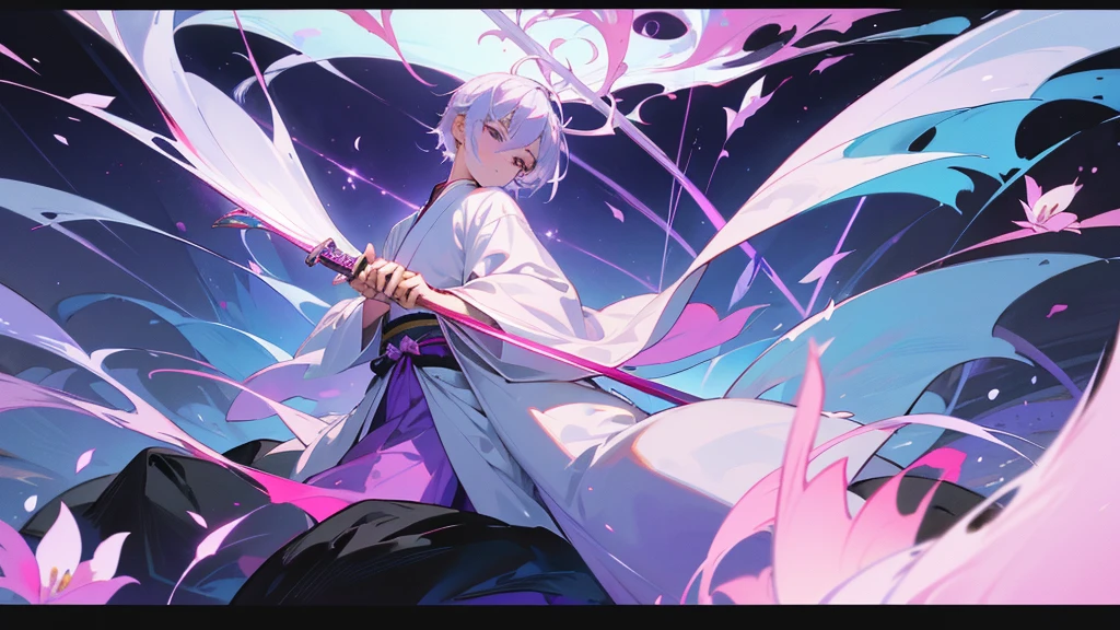 A Chinese boy who has a white hair and holding a sword wearing a white kimono with long long sleeps his kimono has a Persian painting patron and it's shiny behind him is a wall it's like a rock wall half top of the painting is surrounded by white pink purple and light blue flowers like Lily of the Valley and violets and the bottom of the painting there is so many gemstones who are pink purple and light blue the boy has a hair accessory that has a diamond shape gemstone stone that is deep red the boy hold the sword with both hand in the front of him and his pose is kind of like 3.4 of his face showing to us he's har is so long