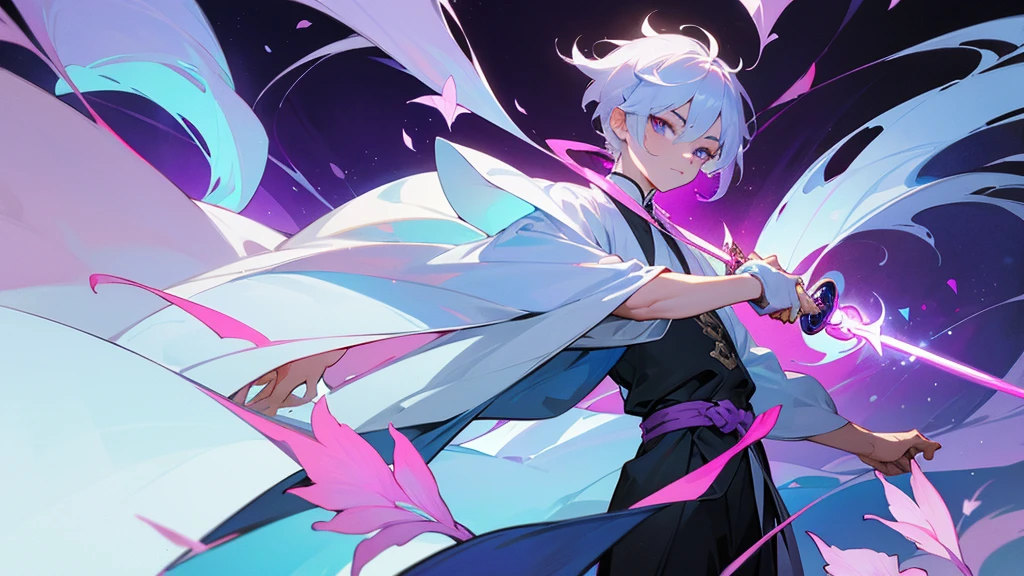 A Chinese boy who has a white hair and holding a sword wearing a white kimono with long long sleeps his kimono has a Persian painting patron and it's shiny behind him is a wall it's like a rock wall half top of the painting is surrounded by white pink purple and light blue flowers like Lily of the Valley and violets and the bottom of the painting there is so many gemstones who are pink purple and light blue the boy has a hair accessory that has a diamond shape gemstone stone that is deep red the boy hold the sword with both hand in the front of him and his pose is kind of like 3.4 of his face showing to us he's har is so long