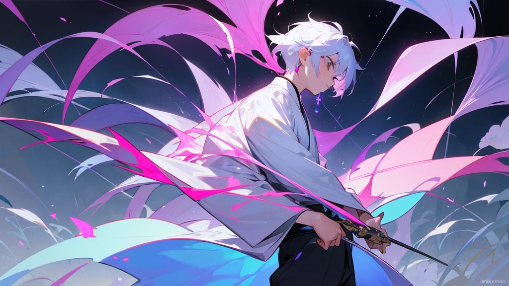 A Chinese boy who has a white hair and holding a sword wearing a white kimono with long long sleeps his kimono has a Persian painting patron and it's shiny behind him is a wall it's like a rock wall half top of the painting is surrounded by white pink purple and light blue flowers like Lily of the Valley and violets and the bottom of the painting there is so many gemstones who are pink purple and light blue the boy has a hair accessory that has a diamond shape gemstone stone that is deep red the boy hold the sword with both hand in the front of him and his pose is kind of like 3.4 of his face showing to us he's har is so long