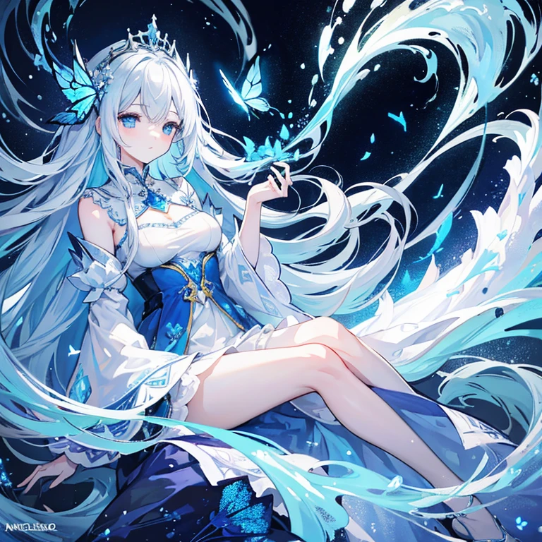 A highly detailed illustration of a young woman with long, flowing white hair, adorned with a crown of blue and white flowers. Her eyes are a striking light blue, and she holds a delicate, intricate staff. The background is filled with shades of blue, creating a mystical and ethereal atmosphere. The image features swirling patterns of light and abstract elements, adding to the enchanting and otherworldly feel. Blue butterflies flutter around her, blending seamlessly with the environment. The overall mood is serene and magical, with a strong sense of tranquility and wonder.