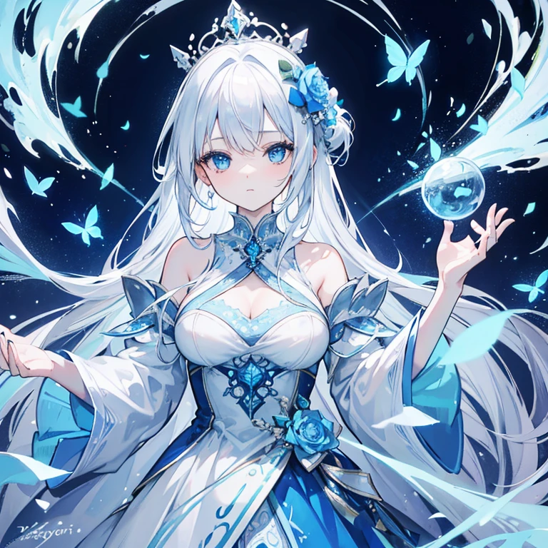 A highly detailed illustration of a young woman with long, flowing white hair, adorned with a crown of blue and white flowers. Her eyes are a striking light blue, and she holds a delicate, intricate staff. The background is filled with shades of blue, creating a mystical and ethereal atmosphere. The image features swirling patterns of light and abstract elements, adding to the enchanting and otherworldly feel. Blue butterflies flutter around her, blending seamlessly with the environment. The overall mood is serene and magical, with a strong sense of tranquility and wonder.