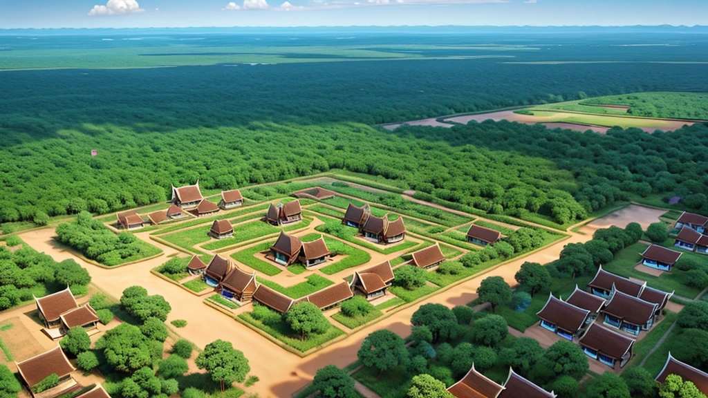 Beautiful scenery of ancient Cambodian village. Aerial view, Photorealistic photos, High definition.