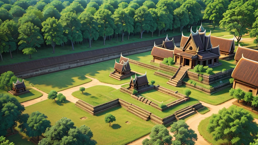 Beautiful scenery of ancient Cambodian village. Aerial view, Photorealistic photos, High definition.