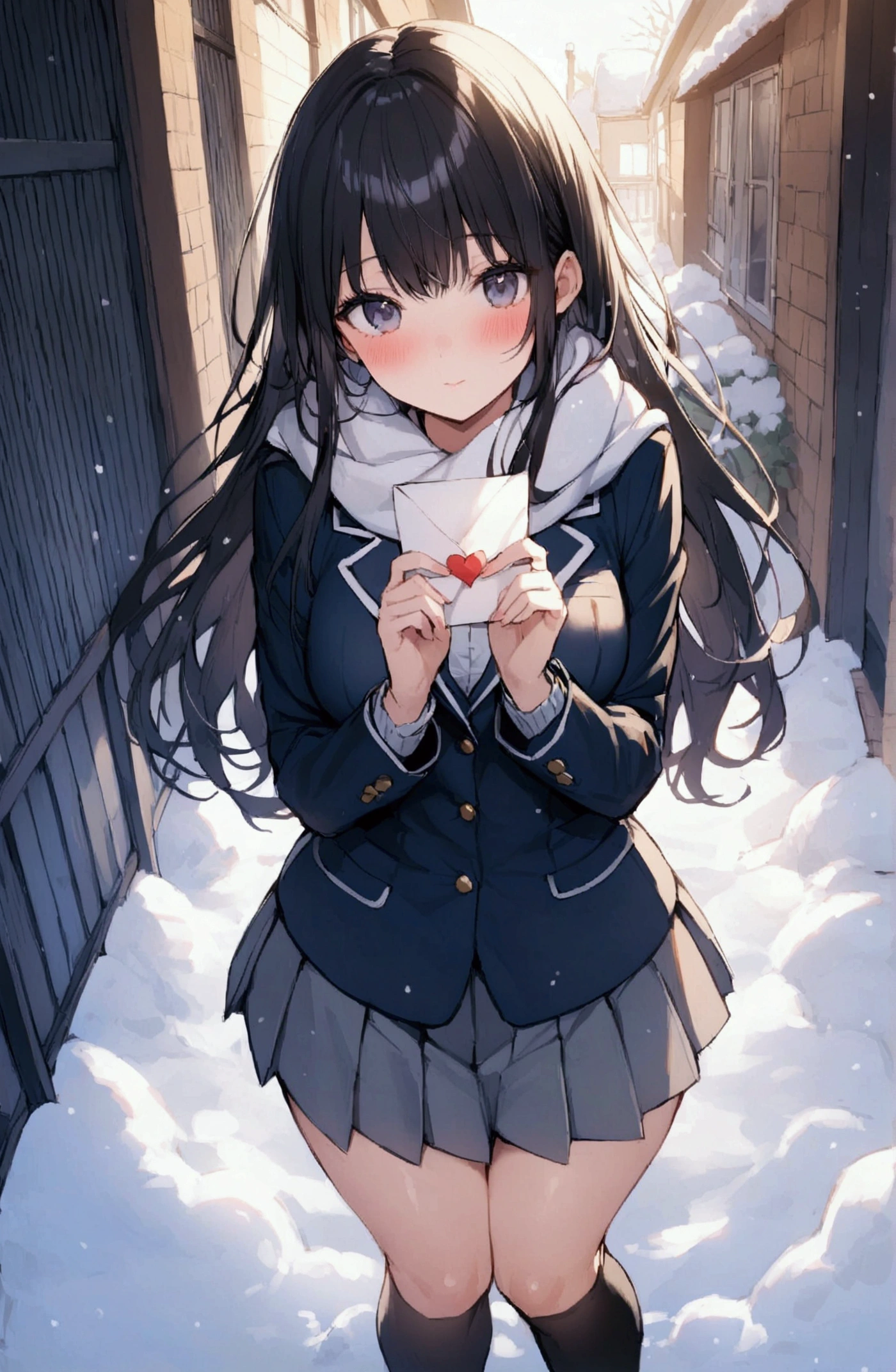 One Woman、beautiful girl、after school、evening、high school girl、Academy、Back of the school building、Schoolyard、It&#39;s snowing、Snowfall、Blazer uniform、Pleated skirt、Duffle coat、Black knee-high socks、Long Hair、Wearing a scarf、Highest quality,  Thick thighs、Big 、Black Hair、The girl is blushing、To the audience、Holding a love letter in both hands、Present a love letter to the audience、White Breath