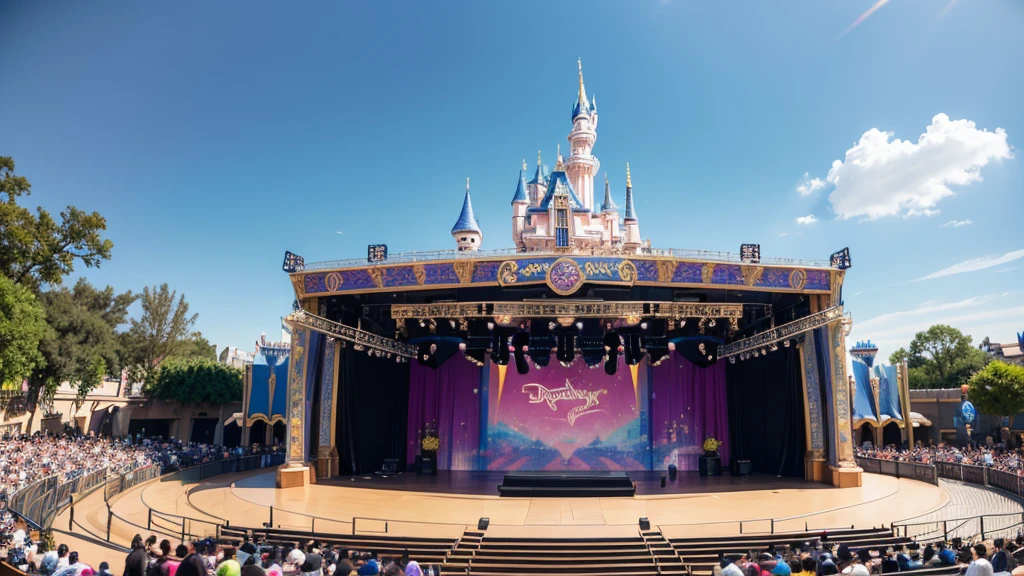 An empty Disneyland-style outdoor show stage during the day。The stage background features colorful musical scores.