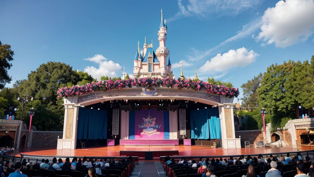 An empty Disneyland-style outdoor show stage during the day。The stage background features colorful musical scores.