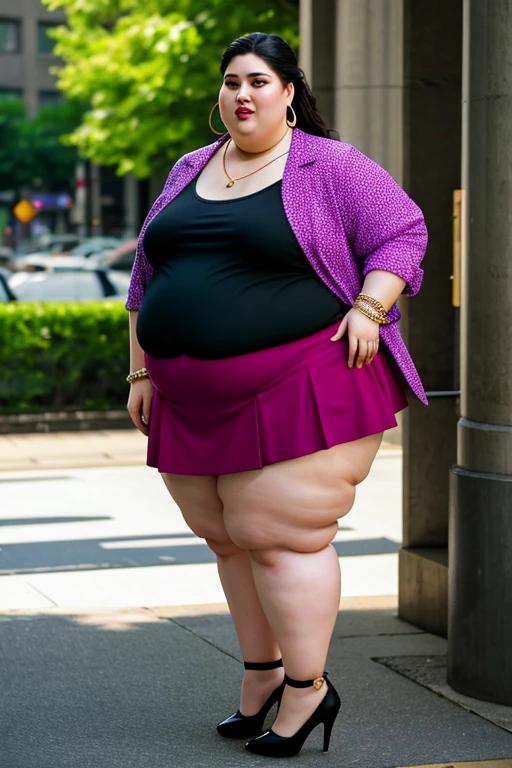 masterpiece, best quality, live action photo, 140kg extremely obese woman, large stomach, H-type miniskirt, high heel, necklace, earring, bracelet