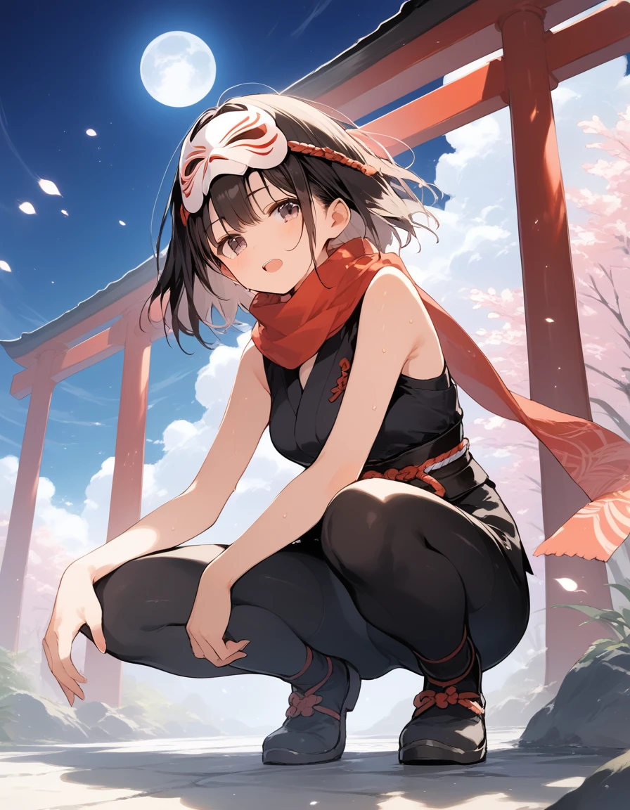 score_9, score_8_up, score_7_up, source_anime, best quality, masterpiece, official art, absurdres, highres, ultra-detailed,waifu2x,Collection: Slice of Life,break,1girl, ninja, noh mask, mask on head, short hair, breasts, beautiful detailed eyes, bike shorts, scarf, sweat, open mouth, expressionless, squatting, kunai, outdoors, Above torii, night, moon, wind,break,(clear line illustration:1.2), super detailed skin,very high resolution, very aesthetic, Best sexual lighting powered by famous artist, 8k,cute picture,beauty illustration,photoshop_(medium),,(Detailed Lighting),best anime 8k konachan wallpaper, pixiv contest winner,
