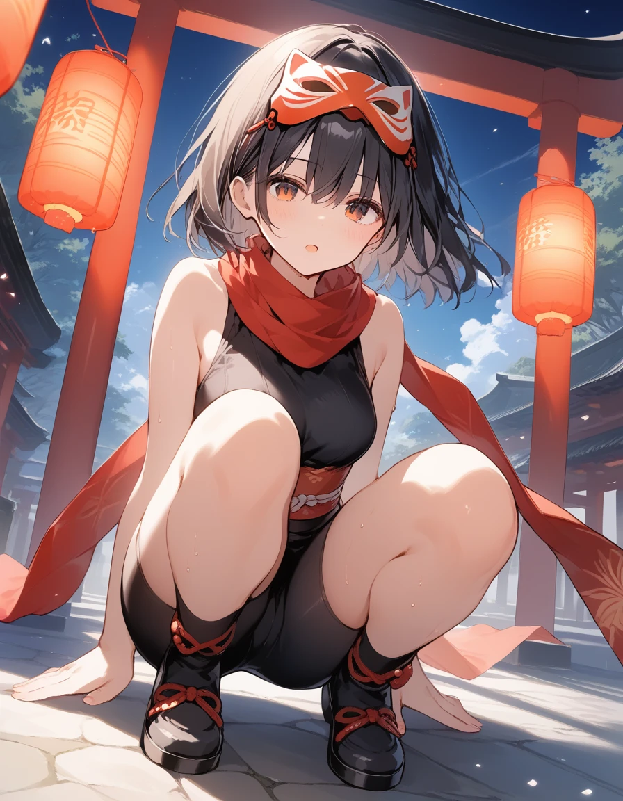 score_9, score_8_up, score_7_up, source_anime, best quality, masterpiece, official art, absurdres, highres, ultra-detailed,waifu2x,Collection: Slice of Life,break,1girl, ninja, noh mask, mask on head, short hair, breasts, beautiful detailed eyes, bike shorts, scarf, sweat, open mouth, expressionless, squatting, kunai, outdoors, Above torii, night, moon, wind,break,(clear line illustration:1.2), super detailed skin,very high resolution, very aesthetic, Best sexual lighting powered by famous artist, 8k,cute picture,beauty illustration,photoshop_(medium),,(Detailed Lighting),best anime 8k konachan wallpaper, pixiv contest winner, 