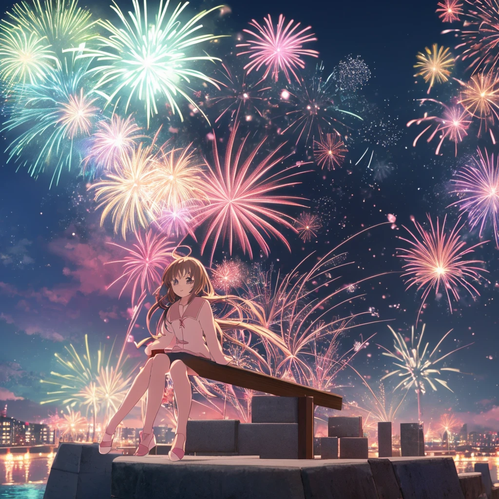 Anime girl sitting on a wall，Fireworks in the background, Anime Style 4k, Cute anime waifu in beautiful clothes, Core of the Night, Beautiful Anime girl, hd Anime Wallpaper, Anime Wallpaper, Beautiful Anime woman, Beautiful Anime, 4kAnime Wallpaper, Anime Wallpaper4k, Anime Wallpaper4K, anime art wallpaper 4k