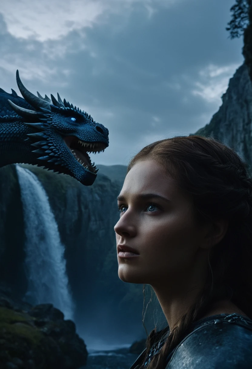 cinematic film still of Film Grain style Chiaroscuro Lighting style In medieval times Big Dragon' face by the waterfall, observing,1girl,outdoors,sky,scenery,1other,blue theme,fantasy,dragon,riding , cinematic, film, movie still, movie style, film style, fantasy drama, epic drama, dramatic light, dramatic shadow, fictional, Age of Wonders, Age of Empires, warriors, Medieval style, middle ages, dungeons and dragons style, contrast, color, different people, different, unique, kingdoms and castles style, friendly, tame, detailed, perfection, detailed face, detailed body, detailed hands, detailed eyes, sharp, Game of Thrones style, shallow depth of field, vignette, highly detailed, high budget, bokeh, cinemascope, moody, epic, gorgeous, film grain, grainy