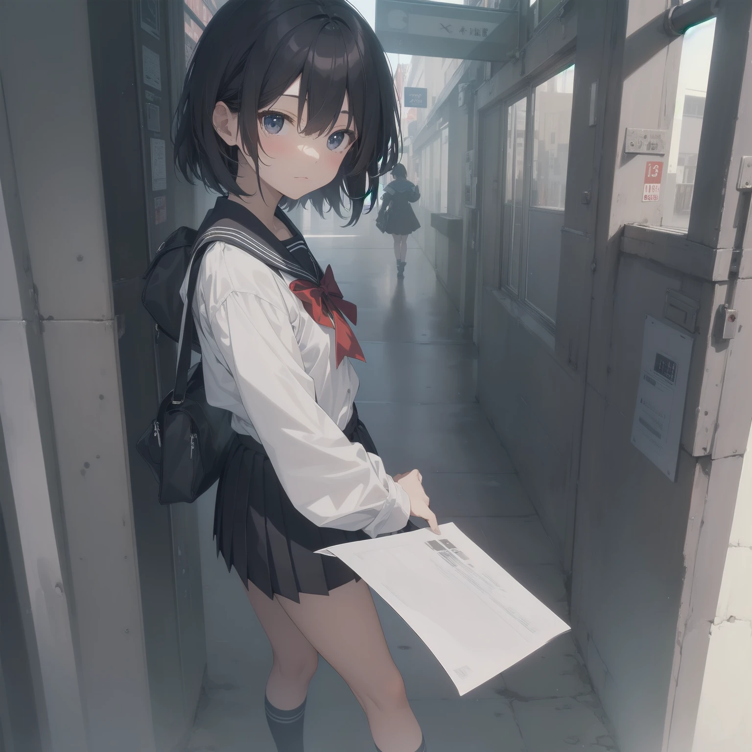 ultra-absurdres-Top quality by artist God, ultra-detailed, high resolution, anime moe artstyle, best anime 8k konachan wallpaper, pixiv contest winner, pool:2810, perfect anatomy,break, 1girl, (Please draw a girl walking sleepily to school alone. )break,(Solo,little female, 13-year-old:1.3),Full limbs, complete fingers,a junior high school student, (very short hair), short cut, flat chest, , small butt, small black eyes, beautiful detailed eyes, well-proportioned iris and pupils, expressive eyes, highres detailed hair, soft expression, salor school_uniform, sailor collar, serahuku, bow, pleated skirt,(Detailed Lighting), (Detailed background), in the School commute route. break,super detailed skin, Best cinematic lighting powered by famous artist, 8k,beauty illustration,photoshop_(medium),very aesthetic,break,((artist:kotorai )), artist:clamp ,artist:carnelian ,artist:kantoku ,