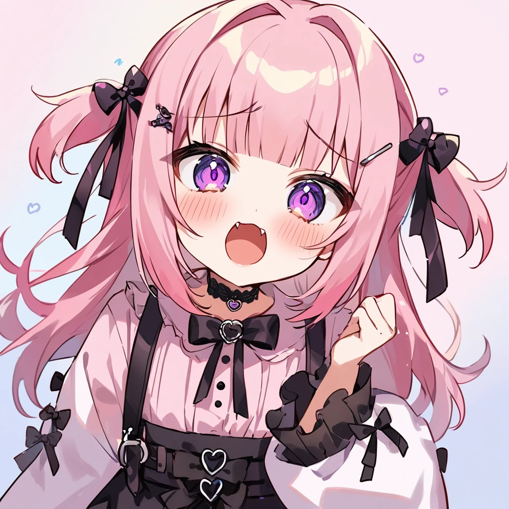 Top quality, masterpiece, chibi character
, peal purple and blunt bangs hair, twin braids, eyes closed, mouth wide open and screaming, blushing, smilng,fangs,(a girl with closs hair pin,
pink shirt,cosplay, jirai kei, bangs, black skirt, black bow, looking at viewer, bow, long sleeves, choker, ribbon,portrait  shot :1.4),A girl being examined by a female doctor in a white coat,