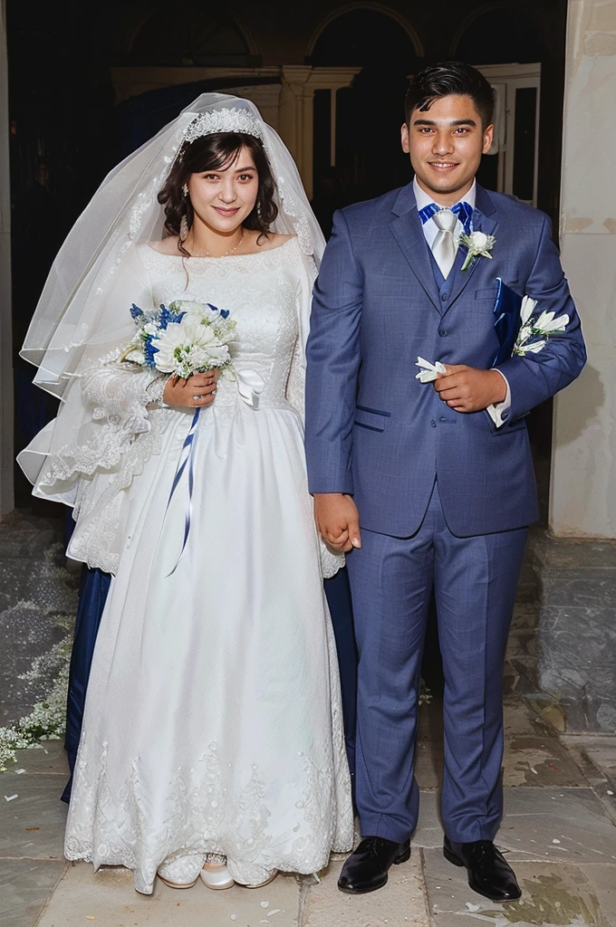 photo of a newly married couple, the bride in a white dress, with a bouquet in hand, white veil, and the groom in a dark blue suit with a michi tie
