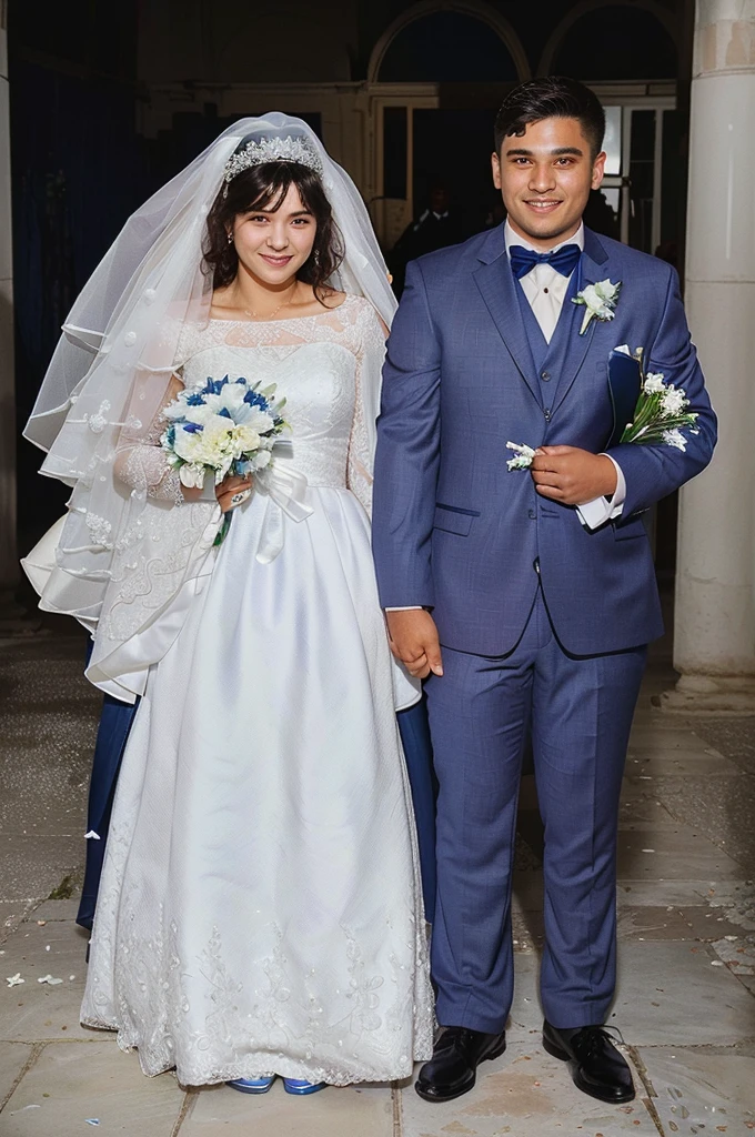 photo of a newly married couple, the bride in a white dress, with a bouquet in hand, white veil, and the groom in a dark blue suit with a michi tie