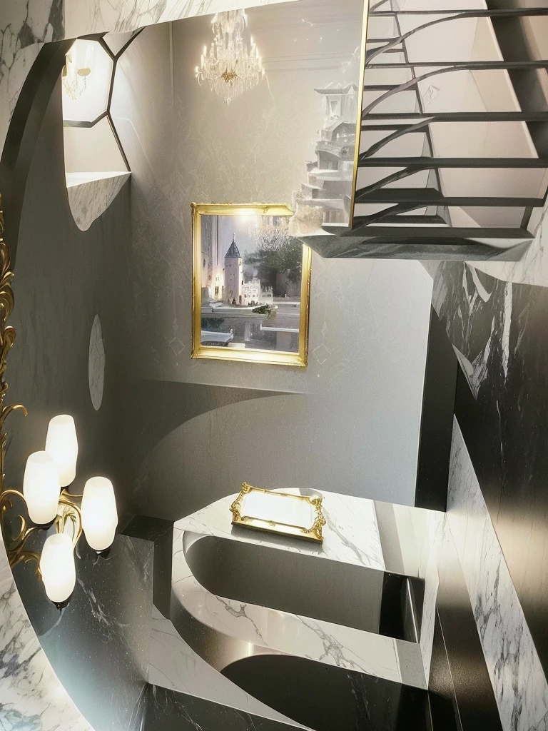 There is an 82cm x 25cm x 82cm MIRROR OF ENCHANTMENT CLASSIC on the wall which is the visual focus ,DIOR advertising style,furniture advertising graphic photography, Italian castle living room, stucco wall,Black and white marble floor、 Italian masterpiece, Great masterpiece,Elegant