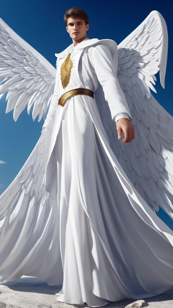 an adult male angel, white clothes, with a hundred extrawings, his size is tall than a mountain,ultra definition, best quality, 32k ultra, ultra HD.