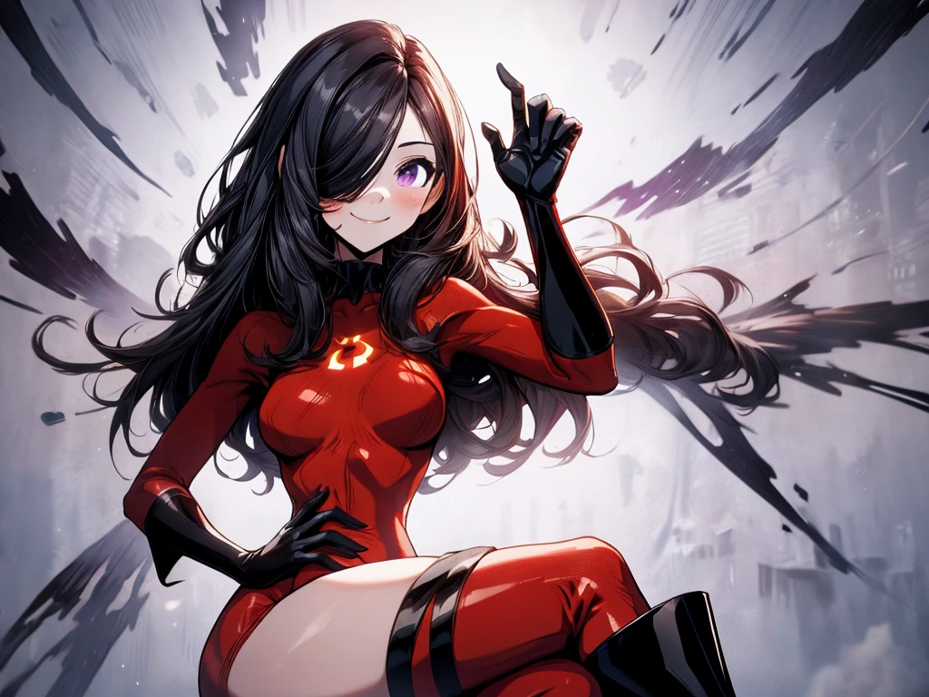 (whole body),masterpiece, Highest quality, One Girl, purple, Long Hair, Black Hair,  Hair on one eye,  (Red Hero Suit)，Red bodysuit，black elbow gloves，Black thigh-high boots，Thick thighs，Place one hand on hip，upright，View your viewers, smile, Simple Background 