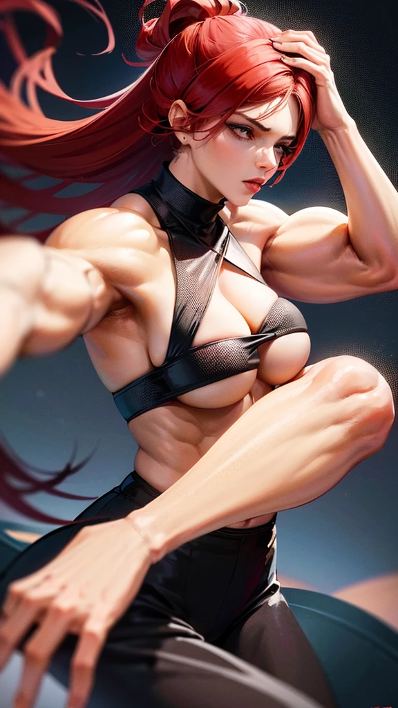 Mulher de biquíni preto e homem mic de camisa branca, homemfraco e mic, físico magro e mic, Very beauthful. , ,weak and defenseless man, físico mic, , muscular ultraviolent woman, muscular and scary, absurdly huge physique, big muscles, extremely muscular woman,, make her step on a man, mic, Red hair, Red hair e olhos azuis,