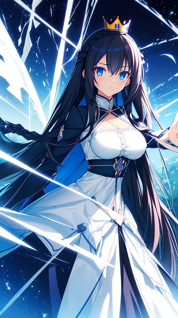 best quality, extremely detailed,anime style girl,long hair down to the waist, straight hair, ((dark black hair with bluish)),((crown braid)),beautiful detailed eyes, pinched eyes, (dark blue eyes),huge breasts,curvy,((((white main princess battle dress)))),clothing with complex patterns,cool expression,((nature)),Sunlight,((Diagonal angle)),dynamic angle