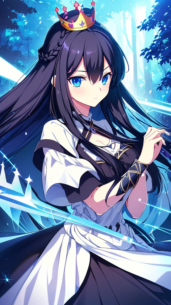 best quality, extremely detailed,anime style girl,long hair down to the waist, straight hair, ((dark black hair with bluish)),((crown braid)),beautiful detailed eyes, pinched eyes, (dark blue eyes),huge breasts,curvy,((((white main princess battle dress)))),clothing with complex patterns,cool expression,((nature)),Sunlight,((Diagonal angle)),dynamic angle