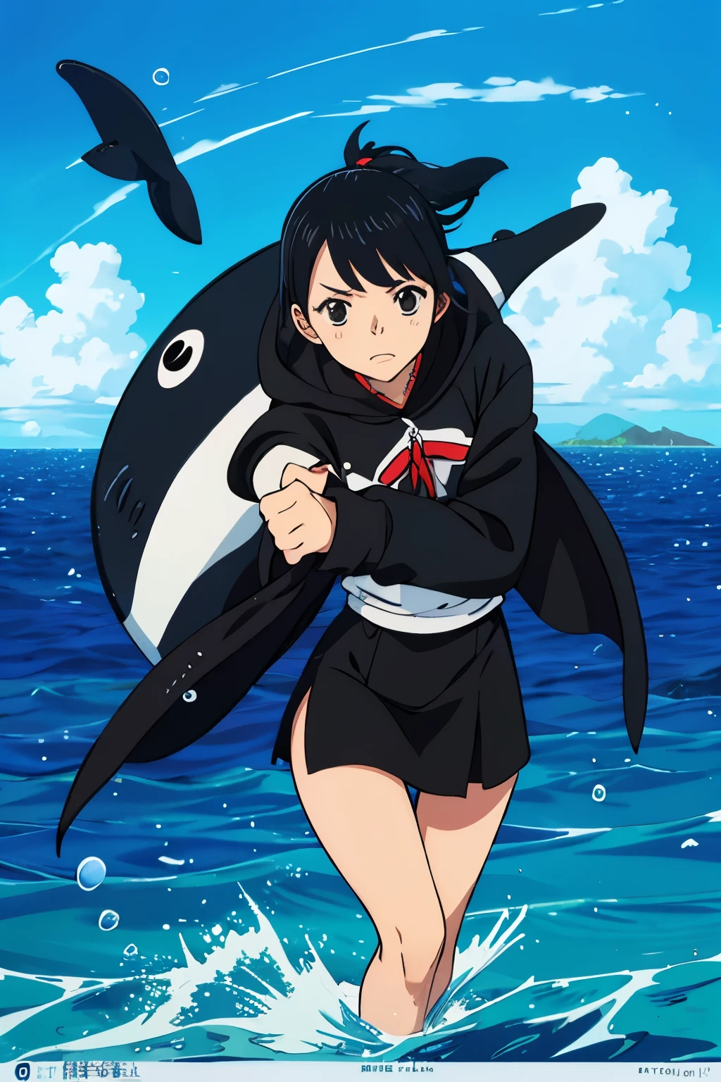 Killer whale、Personification、Short black hair、girl、沢山のKiller whaleと遊んでいる、Ocean、