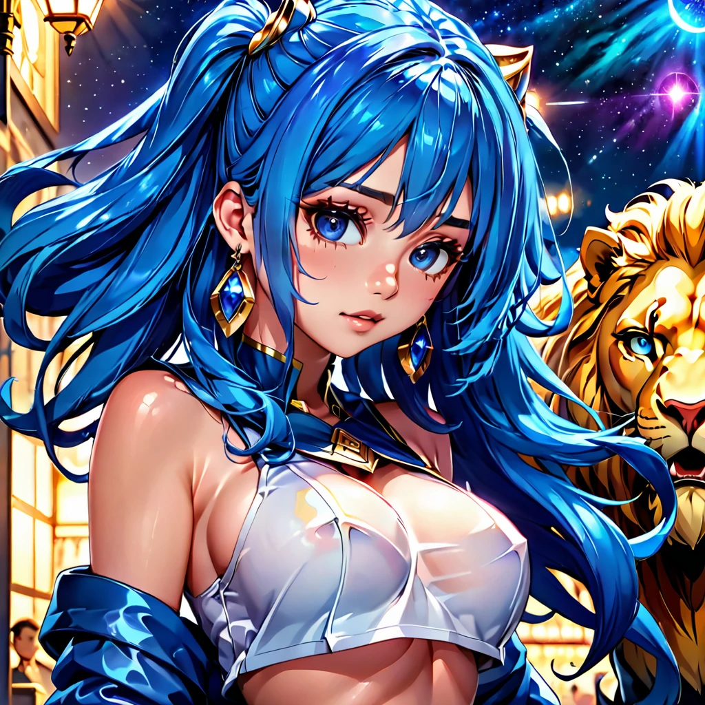 a woman with blue hair and earrings standing next to a lion, detailed digital anime art, portrait knights of zodiac girl, digital anime illustration, detailed anime character art, anime style illustration, stunning art style, trending on artstration, detailed fanart, highly detailed exquisite fanart, anime illustration, beautiful anime art style, anime style 4 k, striking detailed artstyle