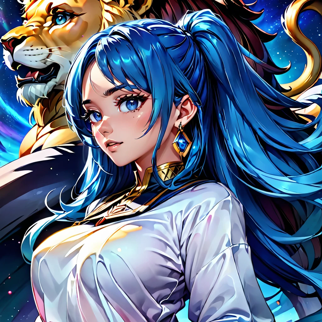 a woman with blue hair and earrings standing next to a lion, detailed digital anime art, portrait knights of zodiac girl, digital anime illustration, detailed anime character art, anime style illustration, stunning art style, trending on artstration, detailed fanart, highly detailed exquisite fanart, anime illustration, beautiful anime art style, anime style 4 k, striking detailed artstyle