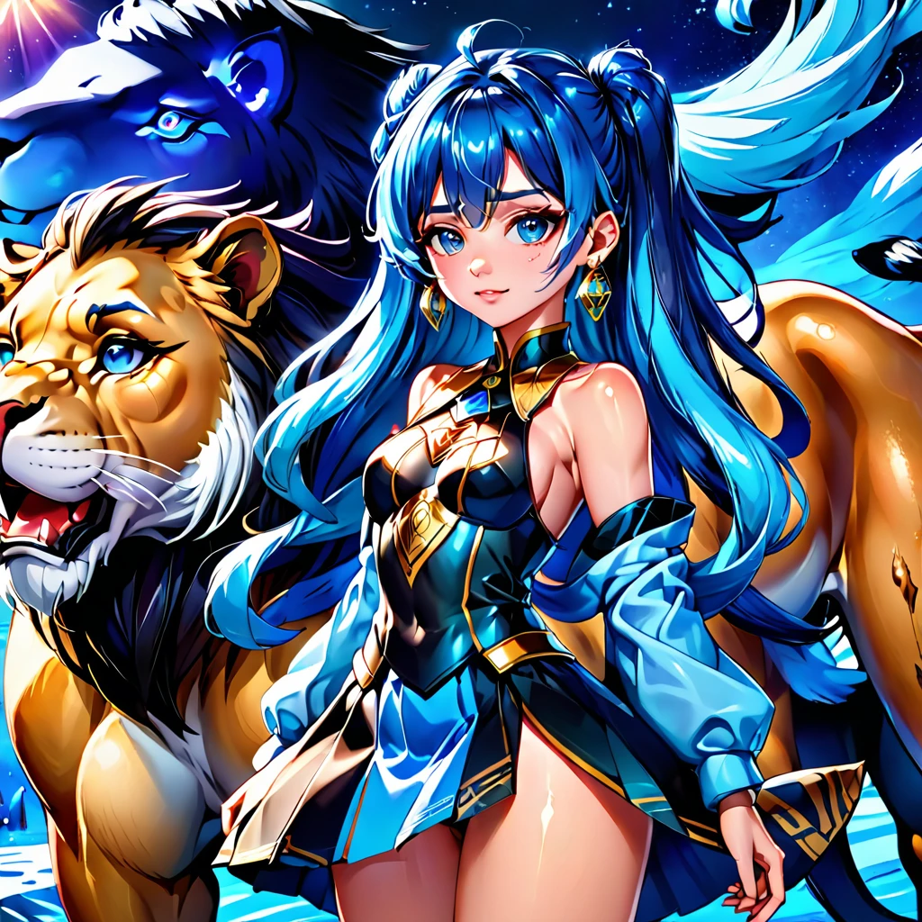 a woman with blue hair and earrings standing next to a lion, detailed digital anime art, portrait knights of zodiac girl, digital anime illustration, detailed anime character art, anime style illustration, stunning art style, trending on artstration, detailed fanart, highly detailed exquisite fanart, anime illustration, beautiful anime art style, anime style 4 k, striking detailed artstyle
