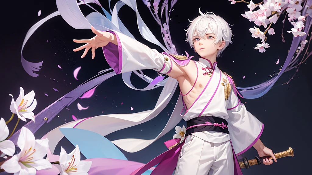 A Chinese boy who has a white hair and holding a sword wearing a white kimono with long long sleeps his kimono has a Persian painting patron and it's shiny behind him is a wall it's like a rock wall half top of the painting is surrounded by white pink purple and light blue flowers like Lily of the Valley and violets and the bottom of the painting there is so many gemstones who are pink purple and light blue the boy has a hair accessory that has a diamond shape gemstone stone that is deep red the boy hold the sword with both hand in the front of him and his pose is kind of like 3.4 of his face showing to us he's har is so long