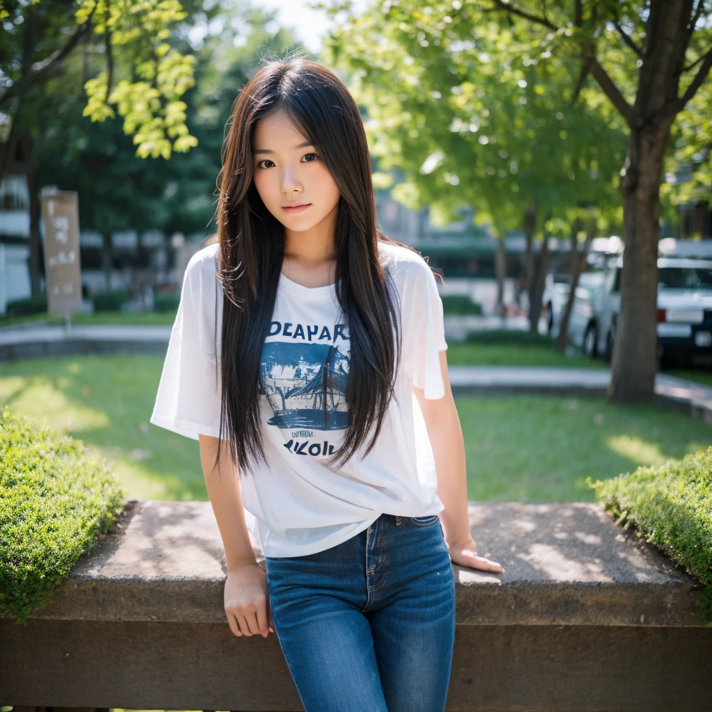 Young asian, long hair, breats medium, jeans, T-shirt black
