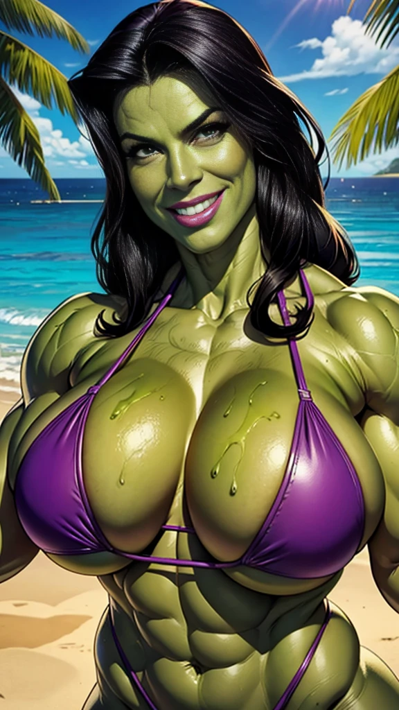 Marvel She Hulk,(Jessica Walters)black hair,big massive muscles,green skin Close up of breasts, pokies,purple leather bikini, tropical beach location, smile,seductive pose