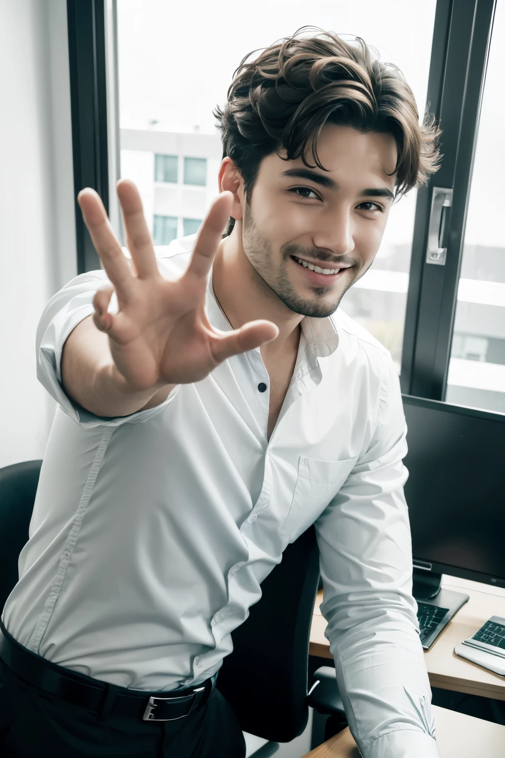 man waving goodbye to the camera in an office