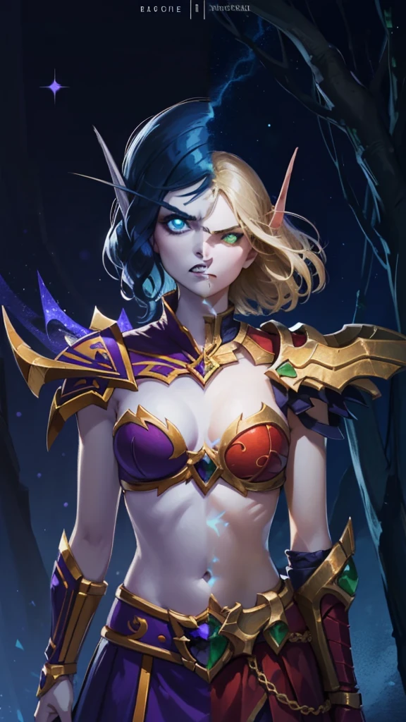 (1girl, long hair, spiral eyes, angry ,clenched teeth) (digital) (Upper Body) (Looking at viewer) (standing), (Light Orange Sparkling Forest background), (short skirt)) , best quality, blonde hair, green eyes, glowing, armor, Abdomen, navel, bloodelf,