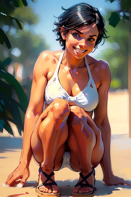 (full body:1.4),(rule of thirds:1.4), ((realistic illustration:1.3)),.Athletic woman, hair dyed black, blue eyes, (short hair), tomboy, cute, ((smile)),(suntan), (tiny white bikini), sandals.Masterpiece, best quality,(highly detailed:1.2),(detailed face and eyes:1.2), 8k wallpaper, depth of field, natural lighting. core shadows, high contrast, bokeh.