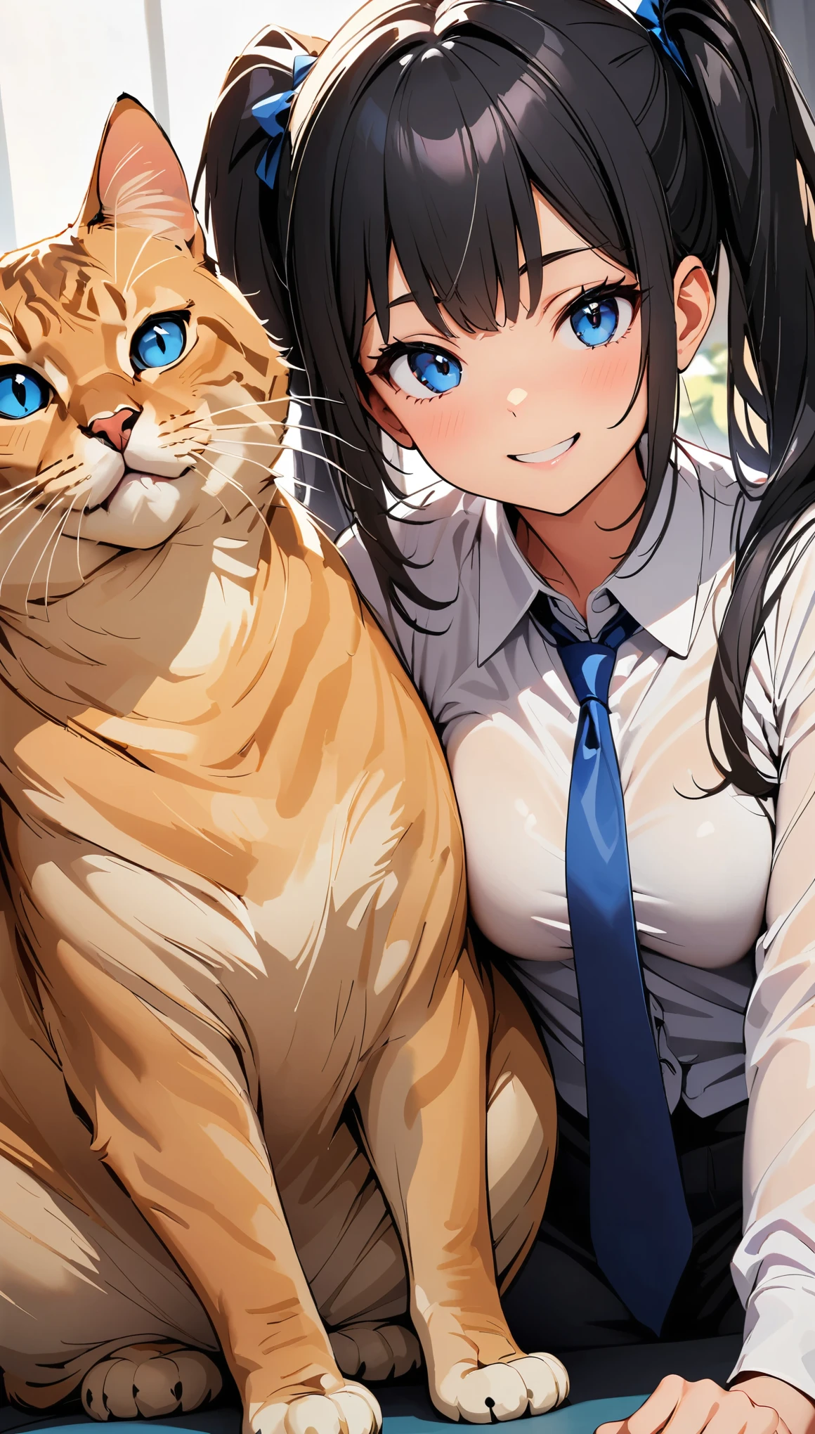 ((Giant cat and girl)), Black Hair, Twin tails, blue eyes, Collared shirt, Blue tie, , smile, Giant cat and girlが並ぶ, Focus on cats, Meeting a giant cat:1.2, (Highest quality:1.2, Very detailed, Attention to detail, digital coloring, High Contrast, masterpiece:1.2, Best aesthetics).