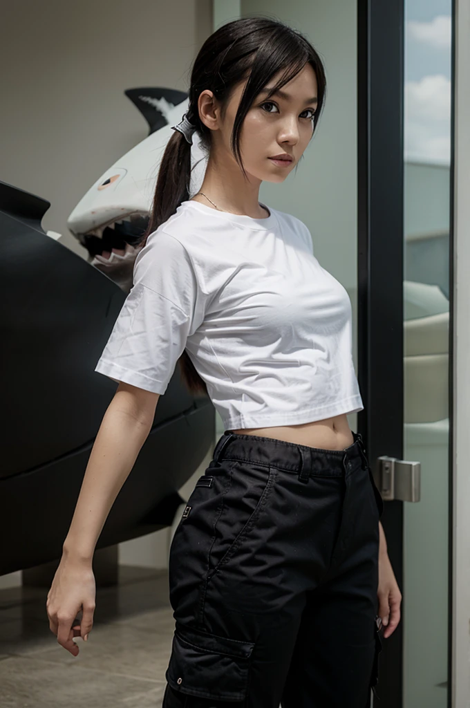 anime, Woman, has shark fins, has a shark tail, wearing a white shirt,wearing black cargo pants