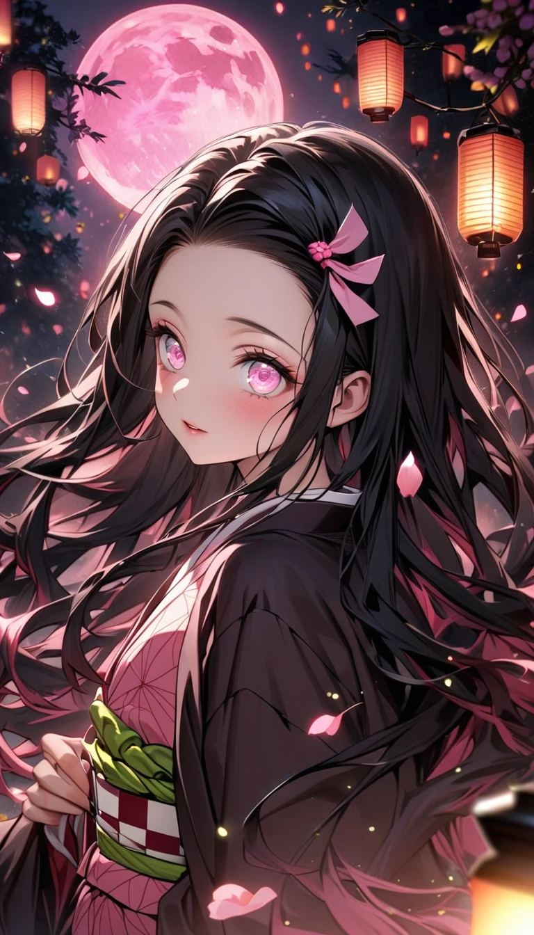 Ultra detailed, highres, absurdres, HDR, Kamado Nezuko, black long hair, pink expressive eyes, Kimetsu No Yaiba, pink flowers, petals, fireflies, lanterns, pink moon, woman, extremely beautiful, very detailed face and eyes, pink kimono, black haori, solo
