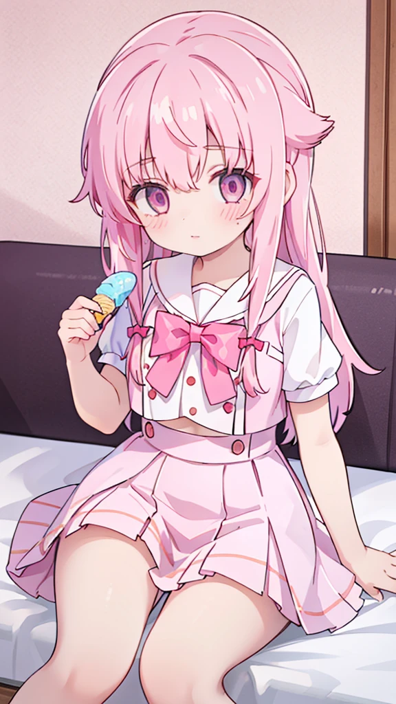 1girl,while holding an icecream, pink hair, pink eyes with love, detailed eyes, straight hair, straight bangs, shiny hair,
,red bowtie,purple skirt,purple shirt,pleated skirt,short sleeves,looking at the viewer, high-definition,masterpiece,best quality, masterpiece, best quality, high resolution, aabeta, double, sitting on a pink white bed, slim waist, cute, sailor uniform, super close up selfie  (PastelColors: 1.3) while holding an icecream 