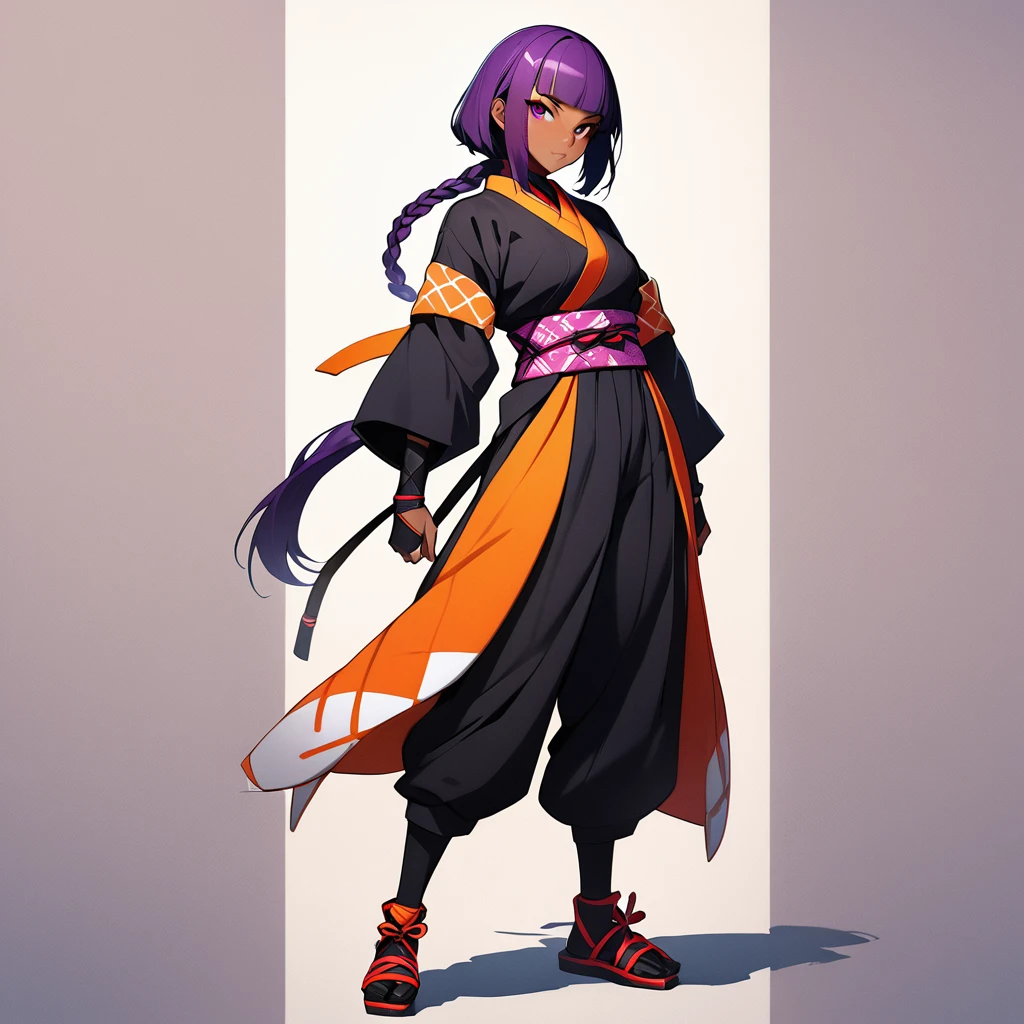 anime girl with purple hair, kunoichi, ninja, character design, dark skinned, posing, a character portrait by Ilya Kuvshinov, pixiv contest winner, shin hanga, Yoruichi, full body shot