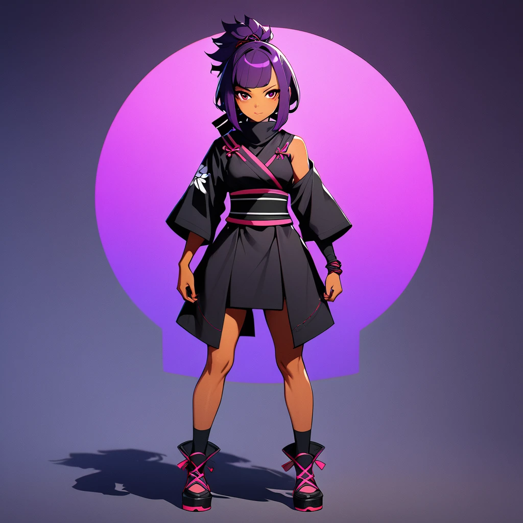 anime girl with purple hair, kunoichi, ninja, character design, dark skinned, posing, a character portrait by Ilya Kuvshinov, pixiv contest winner, shin hanga, Yoruichi, full body shot
