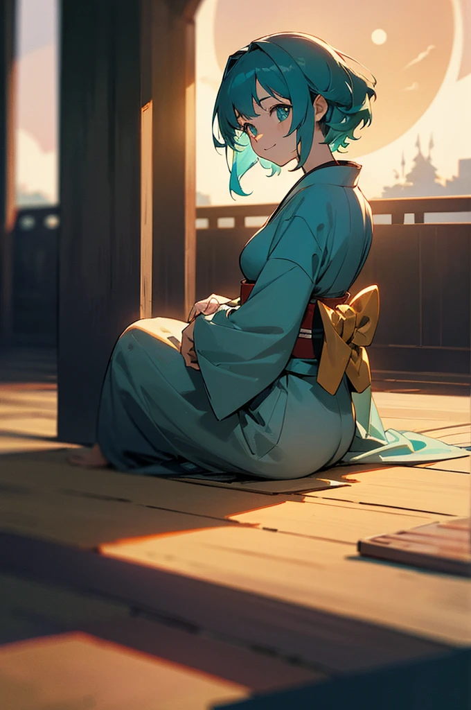 masterpiece, best quality, ultra detailed, outside, at the sea cliffs, a girl, samurai, a kitty, happy, smiling, sitting on the floor, looking away,medium hair, curly, aqua hair, odd eyes, droopy eyes, pale skin, , beautiful breasts, Indigo-colored kimono, with a perfect circle of one full moon , in the evening, nostalgic atmosphere, cel anime, full body shot, on right, from behind, golden ratio, golden hour, directional light, in focus with blurred background, Dark_Indigo