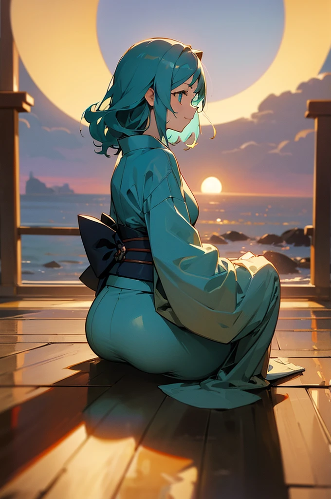 masterpiece, best quality, ultra detailed, outside, at the sea cliffs, a girl, samurai, a kitty, happy, smiling, sitting on the floor, looking away,medium hair, curly, aqua hair, odd eyes, droopy eyes, pale skin, , beautiful breasts, Indigo-colored kimono, with a perfect circle of one full moon , in the evening, nostalgic atmosphere, cel anime, full body shot, on right, from behind, golden ratio, golden hour, directional light, in focus with blurred background, Dark_Indigo