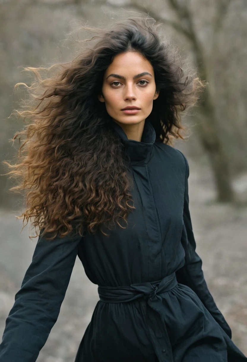 Photo prise d'une femme à l'exterieur en sous vetements. Elle a de longs cheveux noirs ondulés ébouriffés par la brise océanique. Rétroéclairage naturel aux heures dorées. positions multiples