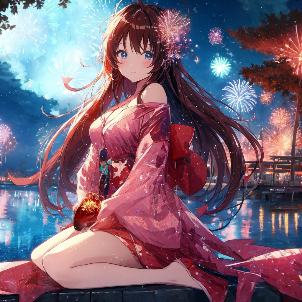 Anime girl sitting on a wall，Fireworks in the background, Anime Style 4k, Cute anime waifu in beautiful clothes, Core of the Night, Beautiful Anime girl, hd Anime Wallpaper, Anime Wallpaper, Beautiful Anime woman, Beautiful Anime, 4kAnime Wallpaper, Anime Wallpaper4k, Anime Wallpaper4K, anime art wallpaper 4k