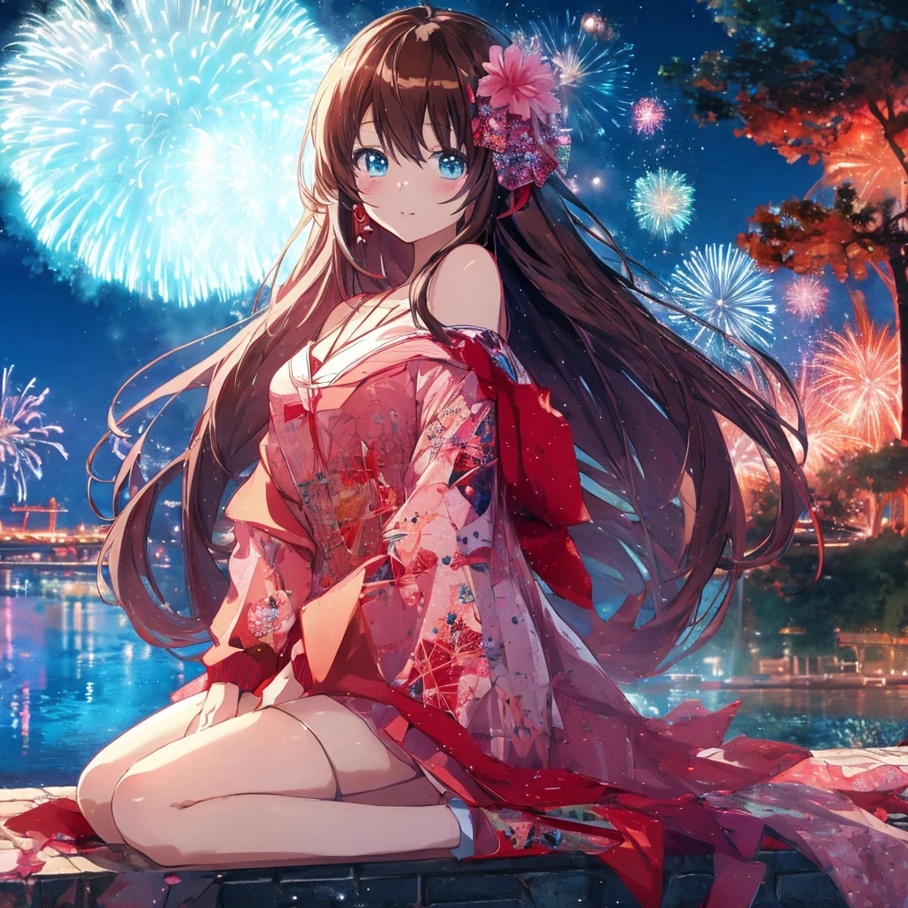 Anime girl sitting on a wall，Fireworks in the background, Anime Style 4k, Cute anime waifu in beautiful clothes, Core of the Night, Beautiful Anime girl, hd Anime Wallpaper, Anime Wallpaper, Beautiful Anime woman, Beautiful Anime, 4kAnime Wallpaper, Anime Wallpaper4k, Anime Wallpaper4K, anime art wallpaper 4k