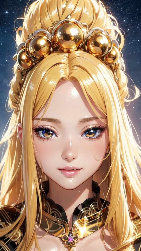nsfw,masterpiece、highest quality、High resolution、high quality images、8K, 1 female、skin luster、skin texture、Expression of fine eyes、(Shiny bright golden hair:1.8),Girl with long braided hair, realism, Detailed manga style, manga art style, perfect line drawing, beautiful line drawing, digital manga art girl, (beautiful golden eyes:1.5), Clear, beautiful eyes、plump lips, Detailed gorgeous face, (cute smile), charm, Front view, (perfectly detailed face), (fine hands) 、photorealistic images, Depth of written boundary, Princess hairstyle, Princess、Corolla on the head , face forward , night sky , night view ,beautiful starry sky , romanticism、(Princess' gorgeous golden dress:1.5)、(medium breasts:1.5)、smile、blush、princess tiara、Fluffy blonde、Gorgeous blue sparkling earrings、Gorgeous gold bracelet、Gorgeous gold anklets、(Gorgeous gold thin ?????? rings:1.3)、Palace balcony、Nadia: The Secret of Blue Water Necklace、(oblong face:1.5)、(Sparkling Glitter:1.2)、Cover your forehead with bangs、Bangs between the eyes、(full body:1.6)、(standing:1.3)、(portrait:1.0)、The chest is also visible